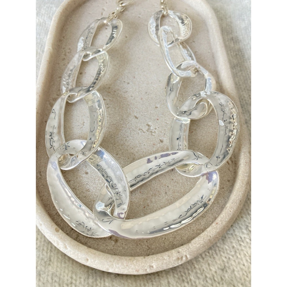 St Thomas Silver Tone Hammered Oval Link Necklace Chunky Statement Brutalist